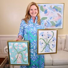 Load image into Gallery viewer, Whimsical original floral paintings with modern chinoiserie vase, gold frame ready to hang.