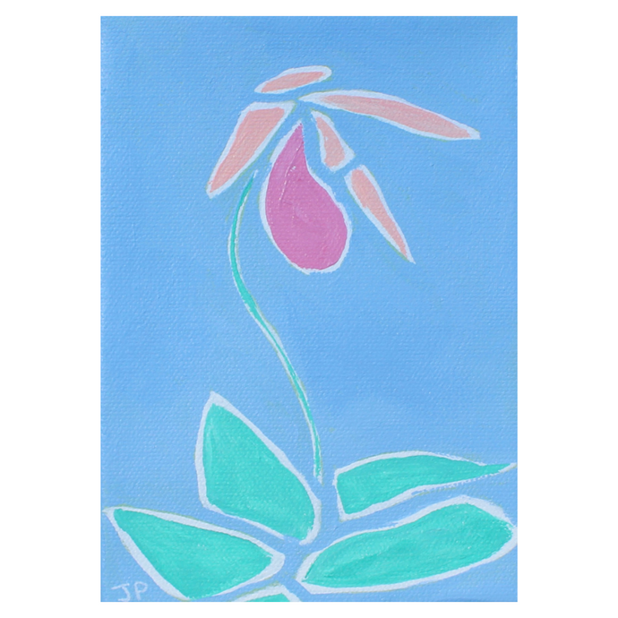 Preppy and modern abstract orchid painting on canvas. This painting has shades of green, pink, orange, white on a blue background. It is vertical. It is a maximalist style painting.