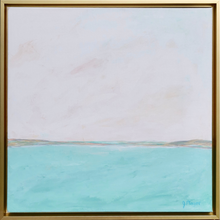 Load image into Gallery viewer, Line on the Horizon 1 is an abstract painting on canvas. This peaceful painting has shades of green, white, gray, and tan. It is colorful and modern. It comes in a square gold float frame.
