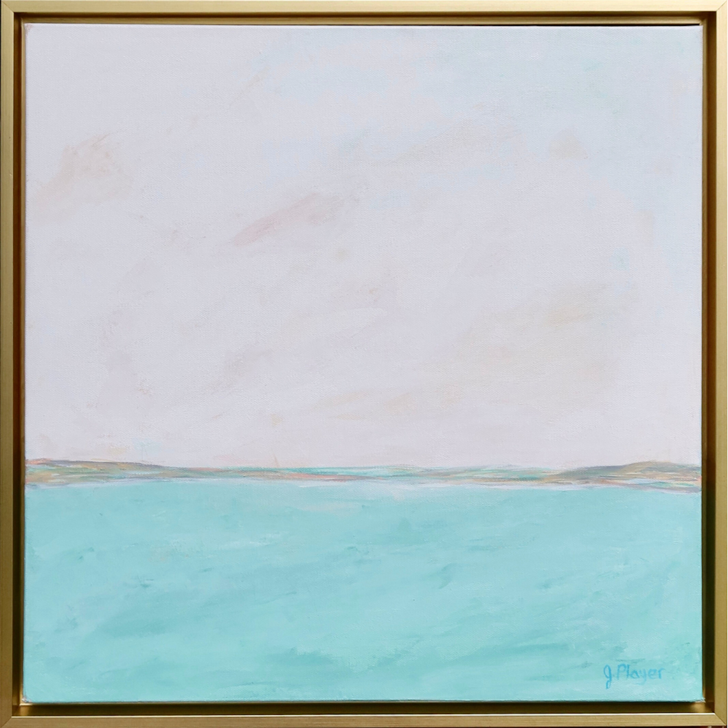 Line on the Horizon 1 is an abstract painting on canvas. This peaceful painting has shades of green, white, gray, and tan. It is colorful and modern. It comes in a square gold float frame.
