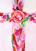 Load image into Gallery viewer, The Love Cross art print is a colorful floral abstract print on a cross. It has shades of red, pink, green, white and gold. It is vertical and has a pink background.