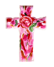 Load image into Gallery viewer, The Love Cross is a freestanding acrylic block. This abstract floral cross has shades of pink, red, white, green, and gold. It is vertical art print attached to an acrylic block.