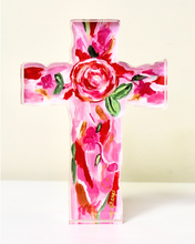 Load image into Gallery viewer, Love Cross Acrylic Block Art featuring an abstract floral cross in red, pink, green, gold, and white by Jeanne Player Fine Art."