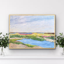Load image into Gallery viewer, Low Country" giclée print by Jeanne Player, featuring a colorful abstract coastal landscape with hues of yellow, pink, green, and blue.