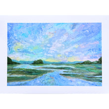 Load image into Gallery viewer, Horizontal giclée marsh art print of a colorful low country sunset over a marsh with reflected sky, in soft pastel tones of aqua, pink, yellow, and purple. This is a coastal inspired horizonal art print.