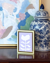 Load image into Gallery viewer, Decorative setup with a purple floral painting, framed artwork, and a blue chinoiserie jar on a wood table. Perfect for traditional home decor.