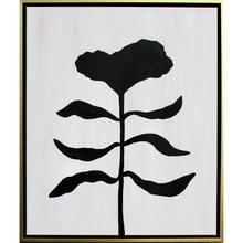 Load image into Gallery viewer, Organic modern black flower silhouette on an abstract white and tan canvas. This happy floral painting has a flower at the top with three leaves on each side of the stem. It is vertical and comes in a gold and black float frame.