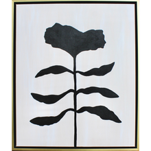 Load image into Gallery viewer, Organic modern black flower silhouette on an abstract white and tan background. This is a vertical painting on canvas. This funky floral art is in a gold and black float frame.