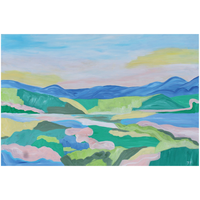 Mountain Getaway II is an abstract landscape painting on canvas. This horizontal painting is bright and colorful. It has shades of green, blue, pink, yellow,  and white.