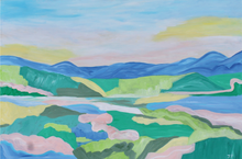 Load image into Gallery viewer, Mountain Getaway II is an abstract landscape painting on canvas. This horizontal painting is bright and colorful. It has shades of green, blue, pink, yellow,  and white.