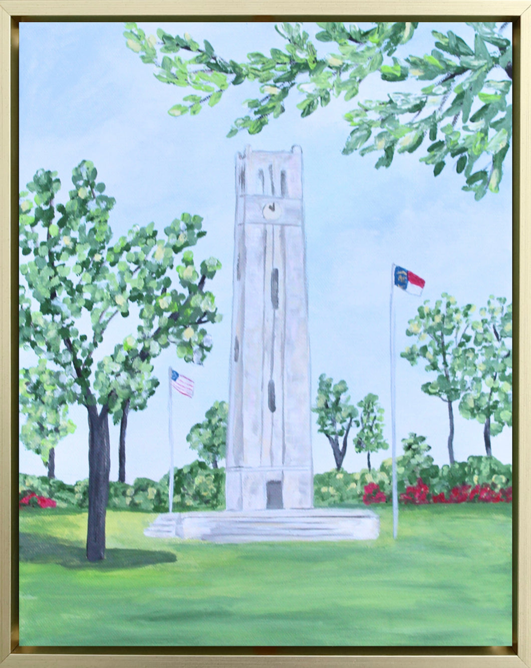 NC State University Bell Tower is an original modern impressionistic painting on a gallery wrapped canvas. This vertical painting measures 11 x 14 inches and comes in a gold float frame. It has colors of green, blue, yellow, white, gray. It is a springtime painting with flowering trees and azaleas. There is a US flag on one side and a NC State flag on the other.