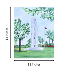 Load image into Gallery viewer, Southern collegiate wall art featuring North Carolina State University Bell Tower architecture and school pride.