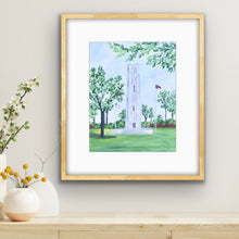 Load image into Gallery viewer, NC State Memorial Bell Tower giclée art print featuring original Jeanne Player Fine Art inspired by North Carolina State University.
