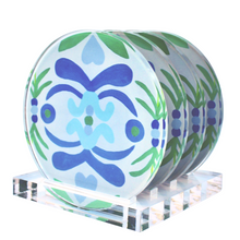 Load image into Gallery viewer, Colorful Coaster acrylic coaster set with stand. The Nantucket Coasters come in a set of four. They are round and made of acrylic. They have an acrylic stand that is square. They have a coastal inspired pattern with shades of blue and green on a white background. You can choose the option of a display stand.