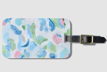 Load image into Gallery viewer, A cute and colorful luggage bag tag. This luggage tag is an abstract art design with shades of blue, green, white, pink, and gray. It comes with a leather strap to attach to your bag. Is is rectangular and made of thick acrylic. It can be personalized.
