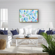 Load image into Gallery viewer, This artwork is stunning in a coastal style home with shades of navy, blue, green, and pink on a white background.