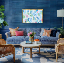 Load image into Gallery viewer, This vibrant painting on canvas is shown hung horizontally.  It looks fabulous in eclectic interior designs.