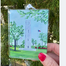 Load image into Gallery viewer, Wolfpack Christmas tree ornament with double-sided Bell Tower artwork and adjustable satin ribbon.