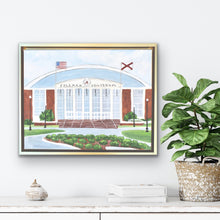 Load image into Gallery viewer, Alabama sports art featuring Coleman Coliseum, home of Alabama basketball and gymnastics, painted in Jeanne Player’s colorful contemporary style on an 11x14 canvas.