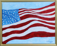 Load image into Gallery viewer, Old Glory is a modern pop art painting on canvas. This abstract flag painting feaures the US flag waving in the air. It has shades of blue, white and red. And is signed by the artist on the front.  It is horizontal and comes in a gold float frame.
