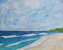 Load image into Gallery viewer, On the beach is an abstract coastal painting on canvas. This horizontal painting has shades of blue, green, white and tan. It has the waves coming to shore and a grassy point in the background with the ocean next to it.