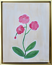 Load image into Gallery viewer, Original 11x14 inch botanical painting of red orchids with green leaves on a tan background, framed in a gold float frame. this is a modern, colorful, sophisticated and fun piece of floral art.