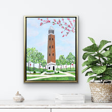 Load image into Gallery viewer, Alabama alumni wall art featuring Denny Chimes painted in Jeanne Player’s colorful contemporary style with detailed landscaping and iconic campus architecture.