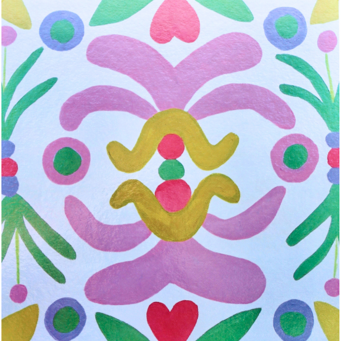 Colorful Tray Insert / Placemat. This is an original painting reproduced on paper and laminated. It has shades of pink, yellow, red, purple, and green. Tropical inspired art