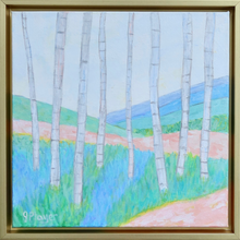 Load image into Gallery viewer, Abstract Painting with Birch Trees on a pastel landscape background with mountains and hills in the background.. This painting is square and has shades of pink, blue, green, yellow, white, gray. It is in a gold float frame.