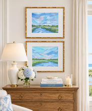 Load image into Gallery viewer, original Marsh landscape paintings in gold bamboo frames for the Hamptons style aesthetic.