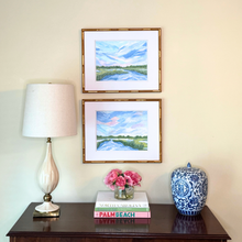Load image into Gallery viewer, Pastel marsh painting featuring layered painterly textures in blue, green, white, and blush tones.