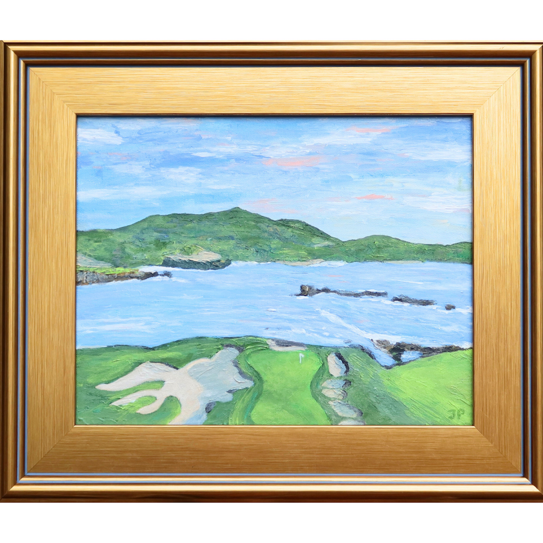 Pebble Beach is an abstract golf landscape on canvas. This painting is of the 17th hole at Pebble Beach with Stillwater Cove and  the Carmel Highlands in the background.This hole is an hourglass shape. It has colors of green, blue, tan, white, pink, and gray.