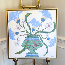 Load image into Gallery viewer, Modern chinoiserie floral art with playful blue flowers, pink accents, and perched birds, original 24x24 painting.