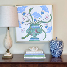 Load image into Gallery viewer, Whimsical botanical painting with blue flowers, green stems, and pink birds in chinoiserie style vase wall decor