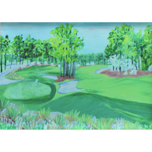 Load image into Gallery viewer,  An abstract landscape golf painting of Pinehurst No 2 Golf Course. This original artwork was reproduced on heavy weight paper and affixed to a free standing acrylic block. It has a 3 -dimensional appearance. The image is visible from all sides. Pinehurst Golf Acrylic Block Art
