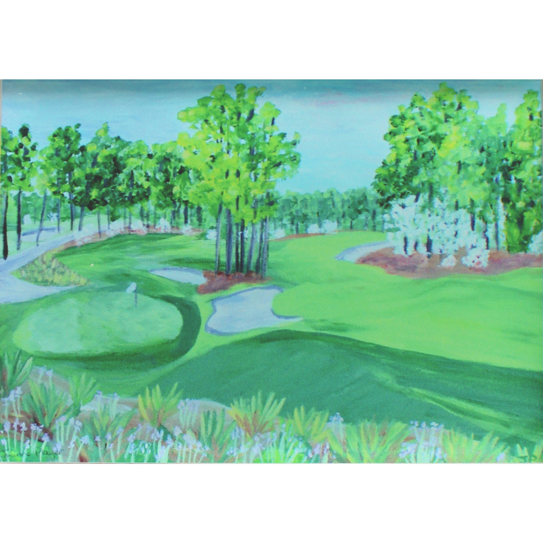  An abstract landscape golf painting of Pinehurst No 2 Golf Course. This original artwork was reproduced on heavy weight paper and affixed to a free standing acrylic block. It has a 3 -dimensional appearance. The image is visible from all sides. Pinehurst Golf Acrylic Block Art