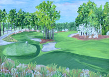 Load image into Gallery viewer, An abstract landscape painting of Pinehurst No 2 Golf Course. This original artwork was reproduced on heavy weight paper and affized to a free standing acrylic block. It has a 3 -demensional apprearance The image is visible from all sides.
