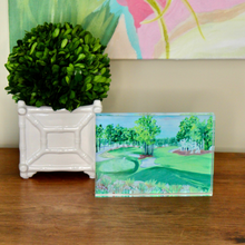 Load image into Gallery viewer, An abstract landscape painting of Pinehurst No 2 Golf Course. This original artwork was reproduced on heavy weight paper and affized to a free standing acrylic block. It has a 3 -demensional apprearance The image is visible from all sides.
