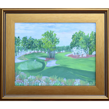Load image into Gallery viewer, Pinehurst No. 2 is an original golf abstract landscape on canvas. This painting is of the 16th and 17th holes at Pinehurst Resort. It has the green grass, flowering trees and pine trees with ornamental grass in the front of the painting. This painting has shades of green, white, blue, brown, purple, yellow and tan. It comes in a gold plein aire frame.
