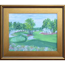 Load image into Gallery viewer, Pinehurst No. 2 is an original golf abstract landscape on canvas. This painting is of the 16th and 17th holes at Pinehurst Resort. It has the green grass, flowering trees and pine trees with ornamental grass in the front of the painting. This painting has shades of green, white, blue, brown, purple, yellow and tan. It comes in a gold plein aire frame.