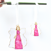 Load image into Gallery viewer, Pink Angel acrylic ornament with white and gold details, Christian Christmas ornament.