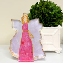Load image into Gallery viewer, Freestanding acrylic block featuring a pink, white, and gold angel painting with a 3D effect, designed by Jeanne Player Fine Art.
