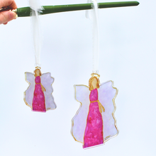 Load image into Gallery viewer, Preppy Pink and White Angel Ornaments. These angels have a gold sash and halo and are outlined in gold. They are made of shatterproof acrylic.