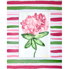 Load image into Gallery viewer, Whimsical hand painted pink hydrangea flower with green leaves. This small vertical artwork was painted on hot press water color paper and comes with a matching 8 x 10 inch mat. The mat has hand painted stripes in shades of pink and green on a white background.