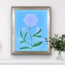 Load image into Gallery viewer, Colorful abstract floral giclée art print titled "Pink Peonies" featuring vibrant pink blooms with green leaves on a bold blue background. Feminine, maximalist style perfect for dorms, bedrooms, nurseries, or chic apartments.