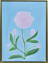 Load image into Gallery viewer, Original 18x24 inch acrylic painting titled "Pink Peonies" by Jeanne Player, featuring vibrant pink blooms and green leaves on a bold blue background, elegantly framed in a chic gold float frame. Ideal for feminine and maximalist home decor.