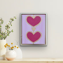 Load image into Gallery viewer, Pink and gold heart painting on canvas, modern preppy wall decor with bold colorful hearts and blush background