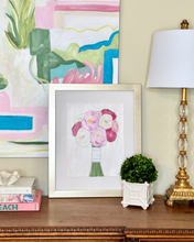 Load image into Gallery viewer, 11x14 original floral painting framed to 18x22 inches shown for scale, textured pink bouquet wall art