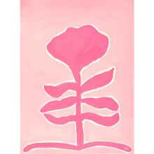 Load image into Gallery viewer, Pink funky botanical silhouette on a lighter blush pink outline with a white border around the flower. This peppy floral painting is vertical.
