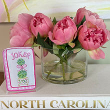 Load image into Gallery viewer, Pink mahjong Joker acrylic block with green topiary and pink ribbon